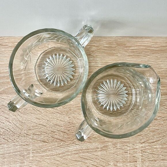 Vintage Antique Etched Flower Clear Paneled Pressed Glass Open Sugar Creamer Set - Picture 9 of 15